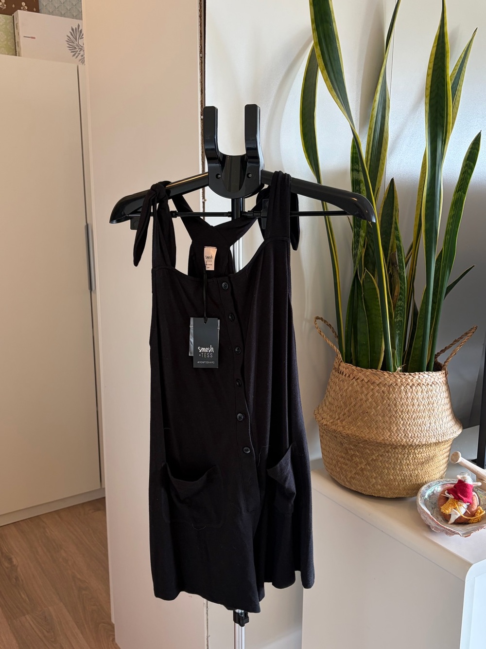 Smash + Tess Black Tie-Shoulder Button Romper